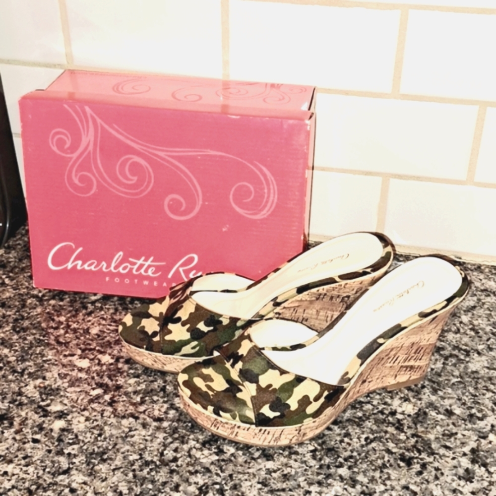 Charlotte Russe Camo Wedge Sandals W/ Box.  Size 7